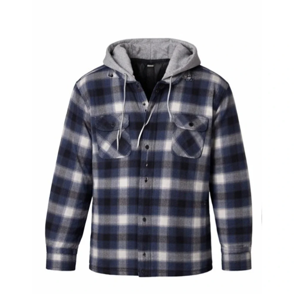 WRANGLER Authentics Plaid Hooded Jacket Large‎ Blue Gray Flannel